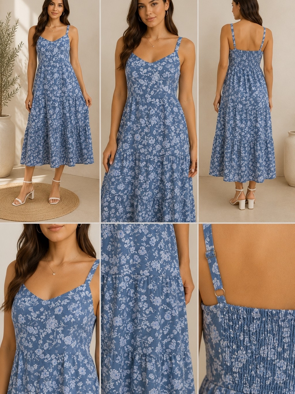Lucky Brand Blue Floral Midi Dress with White Prints, Size XL